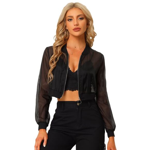 Bomber Jacket Long Sleeve Crop Mesh Sheer Jackets Black - Picture 1 of 6